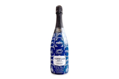 Blaue Brut-Flasche von Amrâth-Wein mit Abbildungen aller Hotels darauf