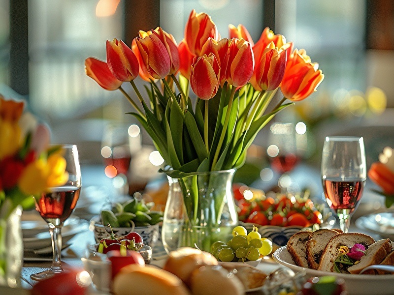 Een volle sfeervolle tafel gedekt met hapjes en drankjes zoals druiven, aardbeien en brood, in het midden van de tafel staat een vaas met oranje met gele tulpen.